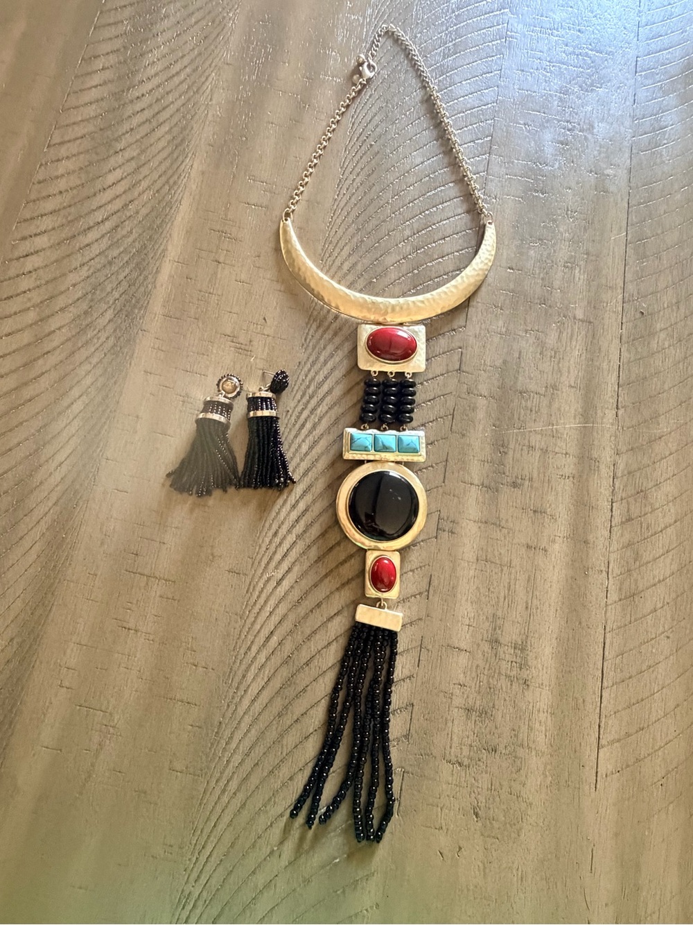 Chico’s Gold Tone Statement Necklace Earrings Set Black Red Turquoise - Picture 7 of 10